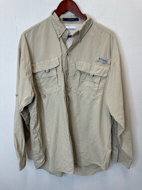 Columbia Large Men's Long Sleeve PFG Bahama Vented Fishing Shirt Khaki